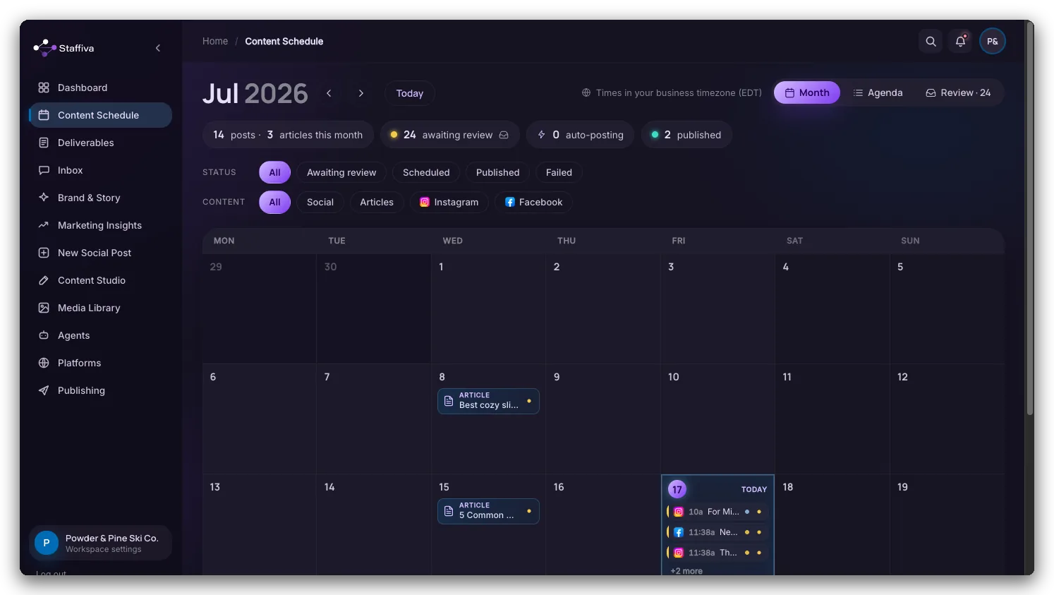 The Content Schedule in month view: the month's headline counts, status and content filters, and cards laid out across the weeks.