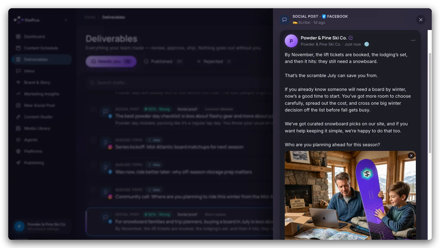 A social draft opened from the queue: the generated image, the caption, and the approve control.