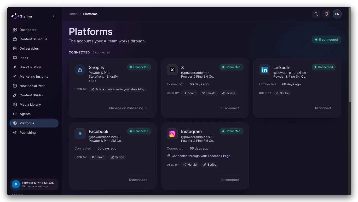The Platforms page showing connect cards for X, LinkedIn, Instagram, Facebook, Threads, Google, and Shopify.