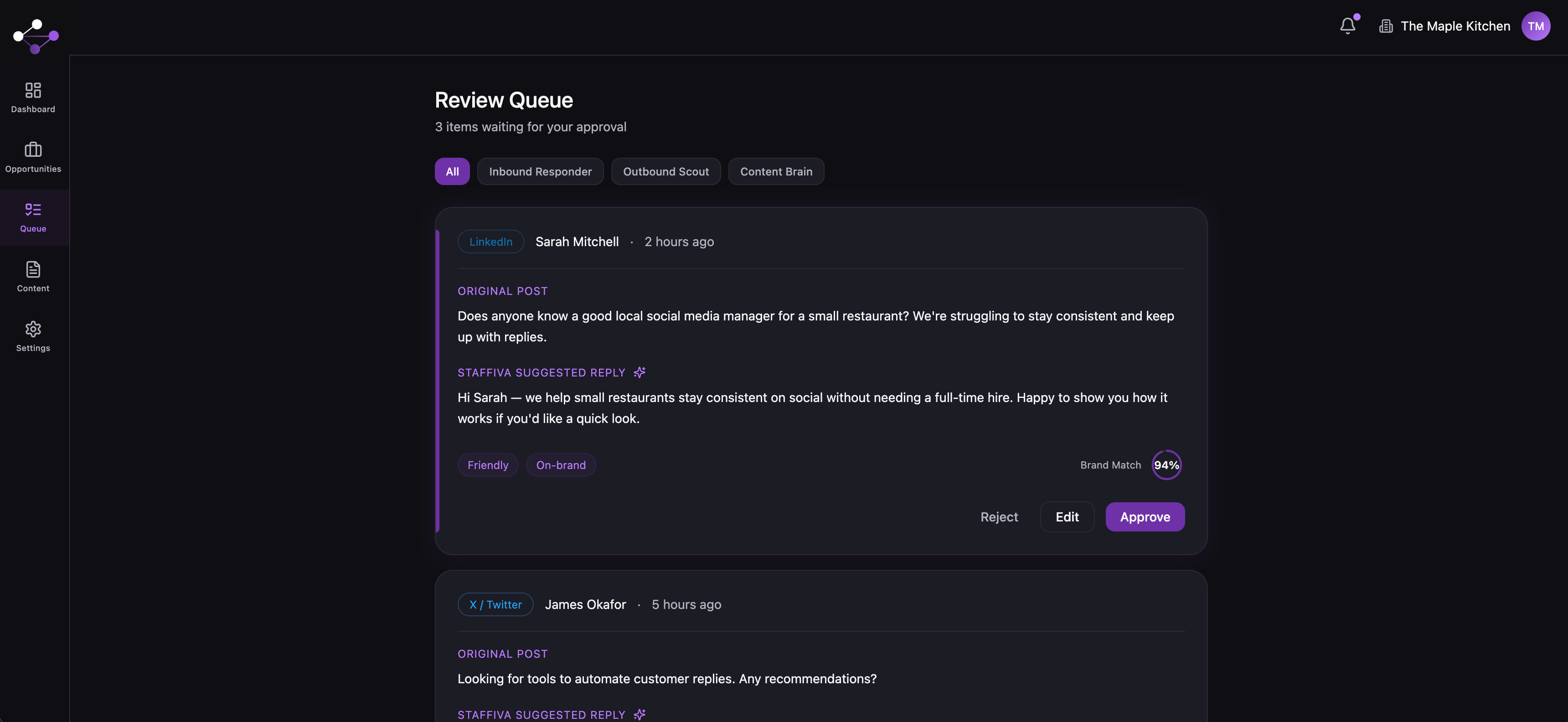 Staffiva review queue showing AI-drafted social media responses awaiting approval